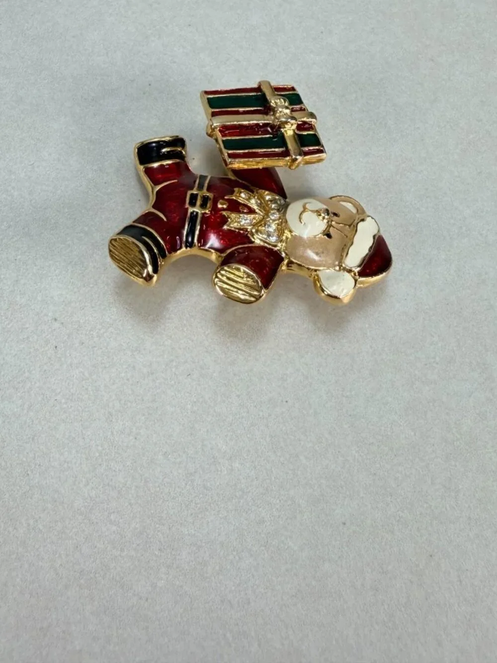Vintage Christmas Teddy Bear Moving Gift Spring Enamel Rhinestone Brooch Pin